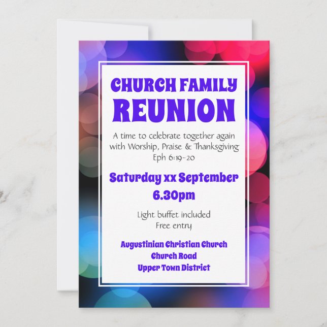Customized Purple Bokeh CHURCH FAMILY REUNION Invitation (Front)