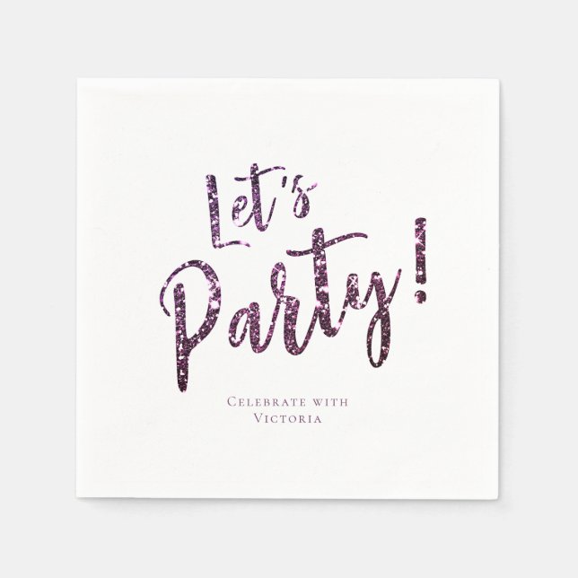 Customized purple sparkle glitter let's party napkin (Front)