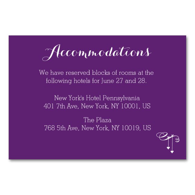 Customized Purple Wedding Accommodation Card (Front)