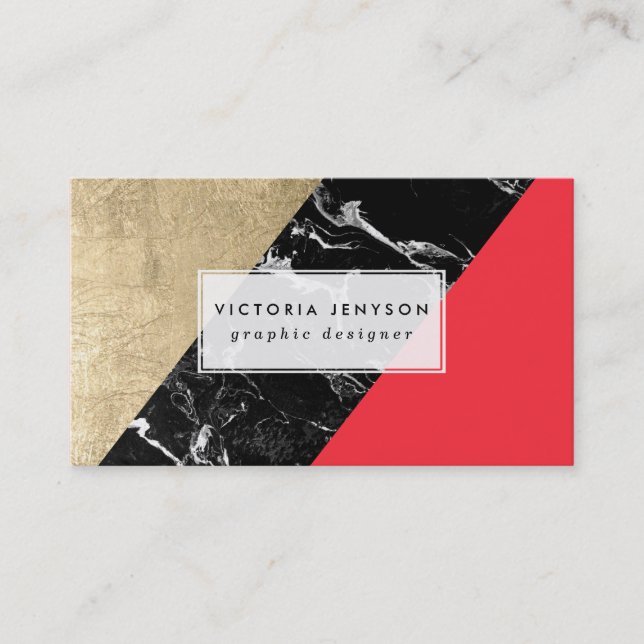 Customized red black marble gold foil colour block business card (Front)