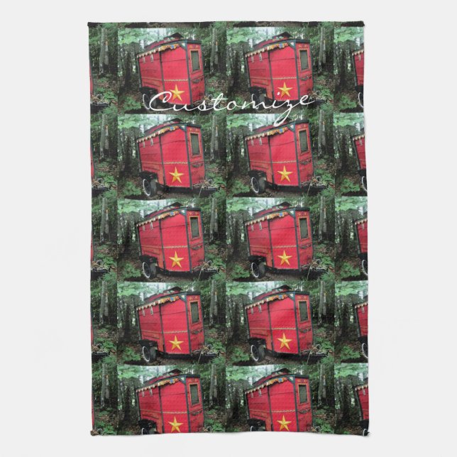 Customized Red Gypsy tiny caravan Kitchen Towel (Vertical)
