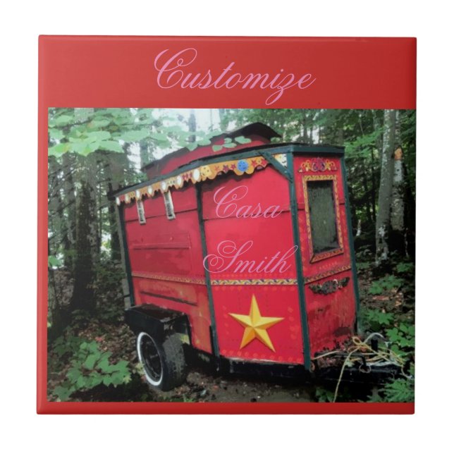 Customized Red Gypsy tiny caravan On caravan Tile (Front)