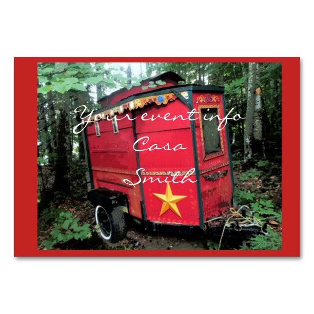 Customized Red Gypsy tiny caravan Table Number (Front)