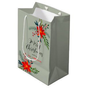Customized Red Poinsettia Merry Christmas Medium Gift Bag