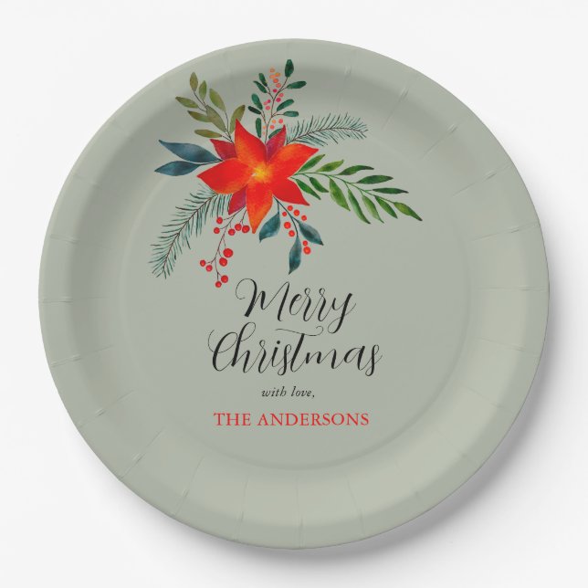 Customized Red Poinsettia Merry Christmas Paper Plate (Front)