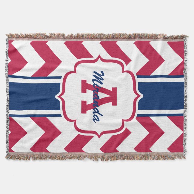 Customized Red White Blue Chevron Print Throw Blanket (Front)