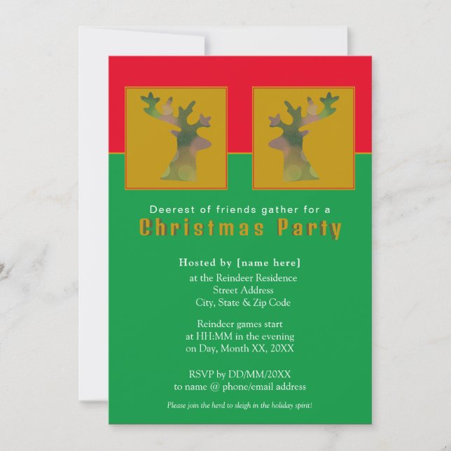 Customized Reindeer Red Green Gold Christmas Party Invitation (Front)
