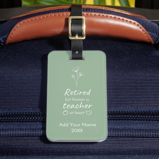 Customized Retired Teacher Sage Green Monogram Luggage Tag (Front Insitu 2)