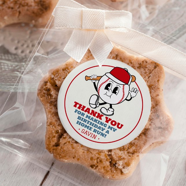 Customized Retro Baseball Birthday Party Thank You Classic Round Sticker (Creator Uploaded)