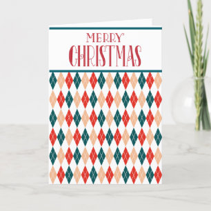 Customized Retro Christmas Red Teal Diamond Plaid Holiday Card