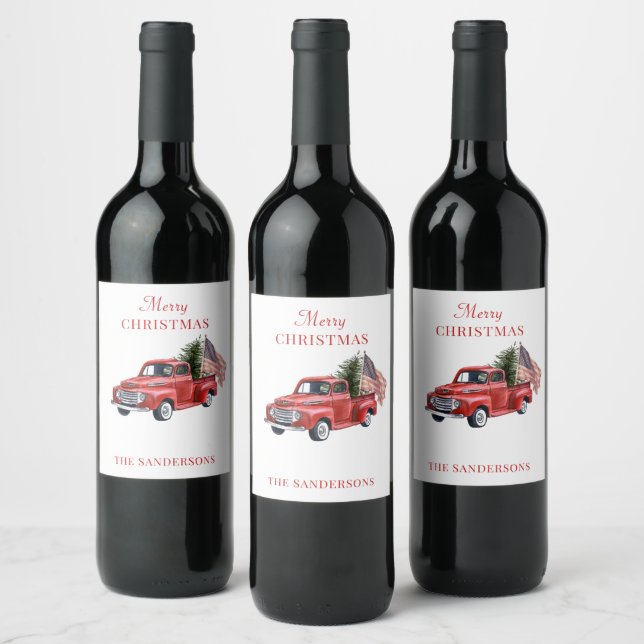Customized Retro Red Truck American Flag Christmas Wine Label (Bottles)