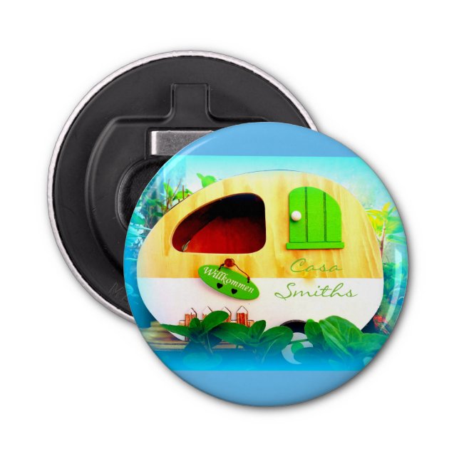 Customized Retro Vintage camper blue Bottle Opener (Front)