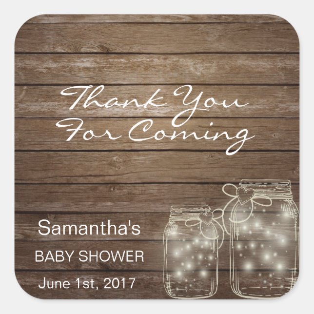 Customized Rustic Mason Jars Baby Shower Wood Square Sticker (Front)
