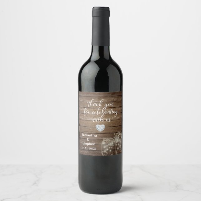 Customized Rustic Mason Jars Wood Hearts Wedding Wine Label (Front)