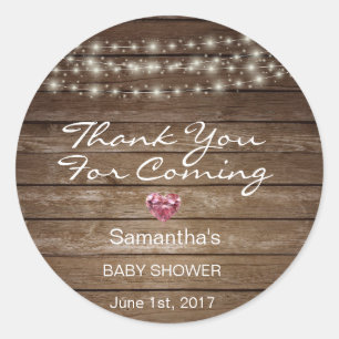 Customized Rustic String Lights Baby Shower Wood Classic Round Sticker