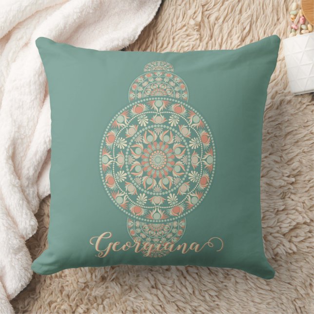 Customized Sage & Sand Retro Ornamental Mandala Throw Pillow (Blanket)