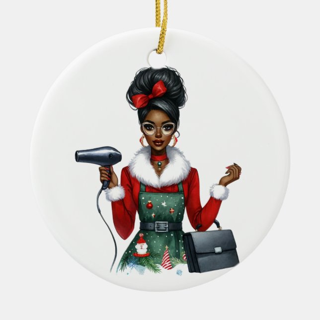 Customized Santa's Favourite Hair Stylist (Black)  Ceramic Ornament (Front)
