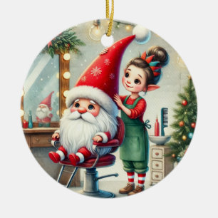 Customized Santa's Hair Stylist Gnome  Ceramic Ornament