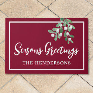 Customized Seasons Greetings Maroon Christmas Doormat