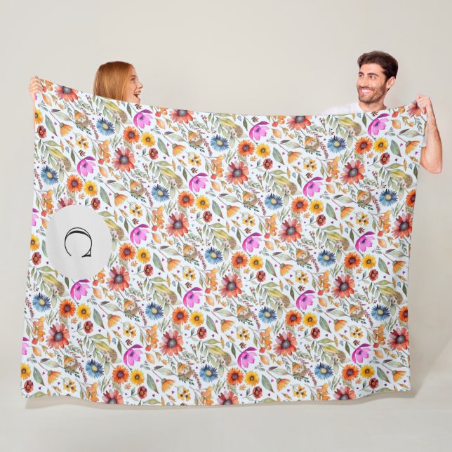 Customized Spring Wildflowers & Adorable Hedgehogs Fleece Blanket (In Situ)