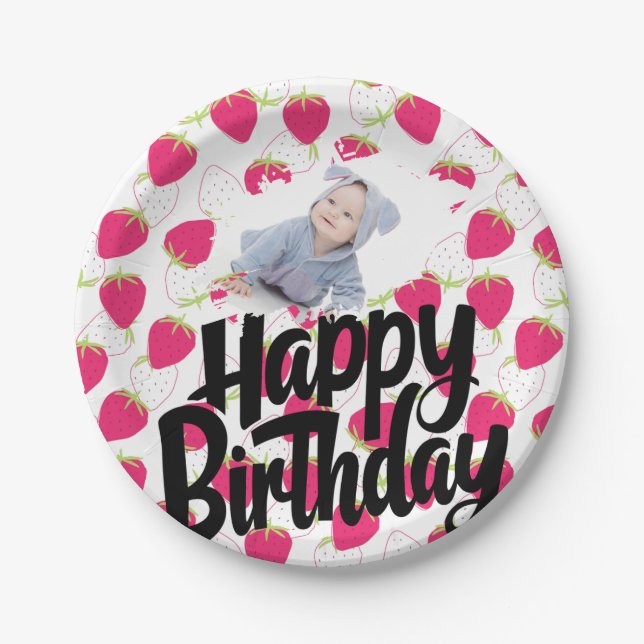 Customized Strawberry Pattern Happy Birthday  Paper Plate (Front)