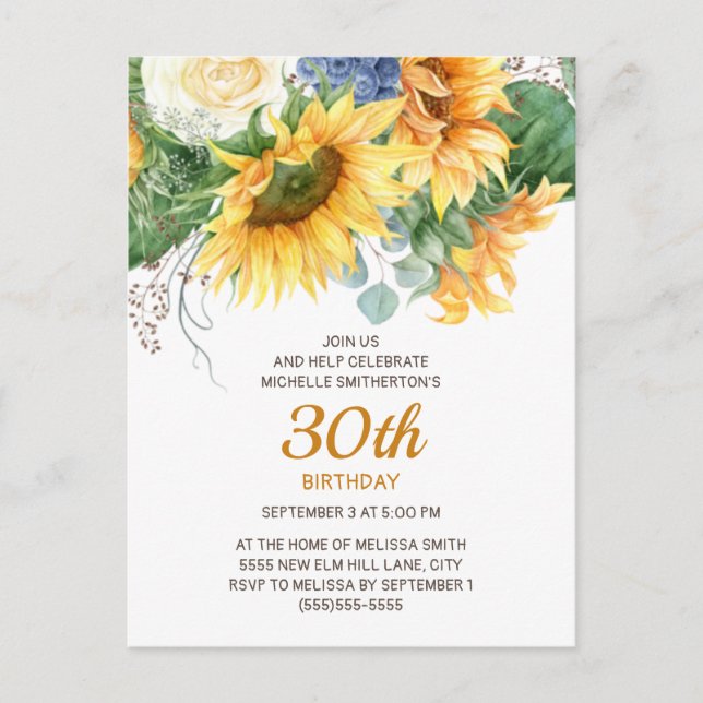 Customized Sunflowers Eucalyptus 30th Birthday Postcard (Front)