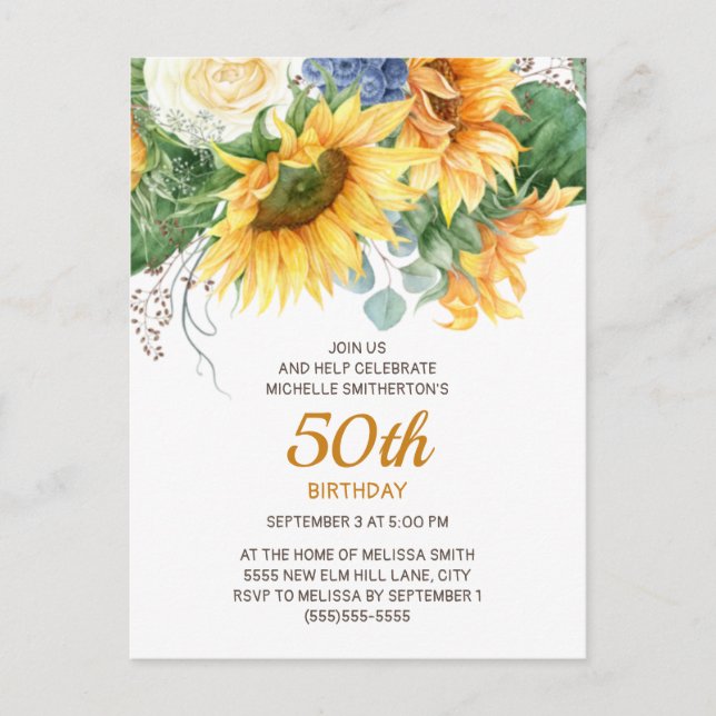 Customized Sunflowers Eucalyptus 50th Birthday Postcard (Front)