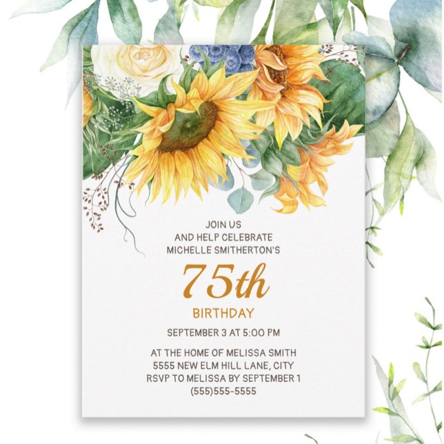 Customized Sunflowers Eucalyptus 75th Birthday Postcard (Sunflowers and eucalyptus women's 75th birthday invitation)