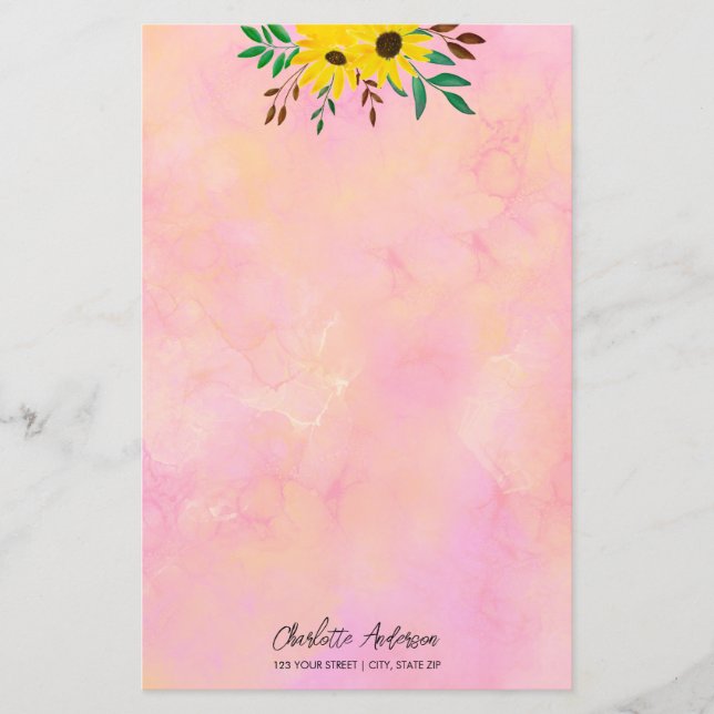 Customized Sunflowers Floral Pink Watercolor Stationery (Front)