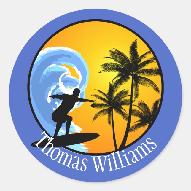 Customized Surfer Dude Classic Round Sticker (Front)