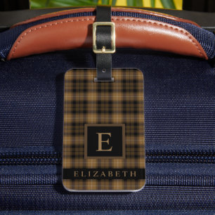 Customized Tan Brown Black Chequered Pattern Luggage Tag