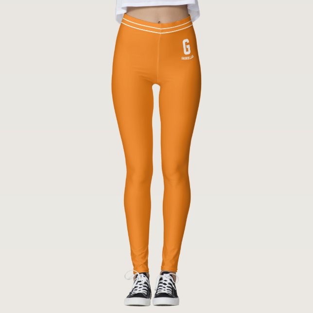 Customized Tangerine Orange White Striped Monogram Leggings (Front)
