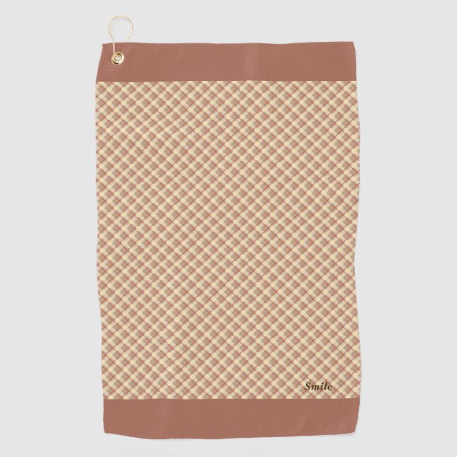 Customized Tartan Check Brown Name Tag Golf Towel (Front)
