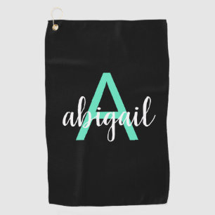 Customized Teal Black Girly Modern Monogram Name Golf Towel