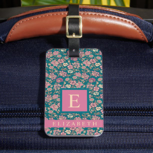 Customized Teal Blue Green Floral Pink Flowers Luggage Tag