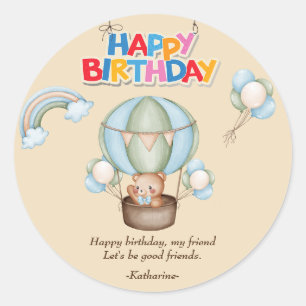 Customized teddy bear, happy birthday classic round sticker
