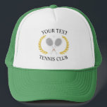 Customized Tennis Club Rackets Ball Logo Wreath    Trucker Hat<br><div class="desc">Minimalist tennis club logo,  with two white tennis rackets,  racquets,  and a grey tennis ball. Featuring your tennis club,  just change the text as you wish and add your tennis club name. Elegant preppy tennis club gift,  tennis coach gift,  tennis player gift,  tennis team gift.</div>