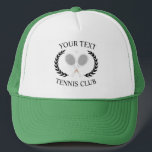 Customized Tennis Club Rackets Ball Logo Wreath   Trucker Hat<br><div class="desc">Minimalist tennis club logo,  with two white tennis rackets,  racquets,  and a grey tennis ball. Featuring your tennis club,  just change the text as you wish and add your tennis club name. Elegant preppy tennis club gift,  tennis coach gift,  tennis player gift,  tennis team gift.</div>