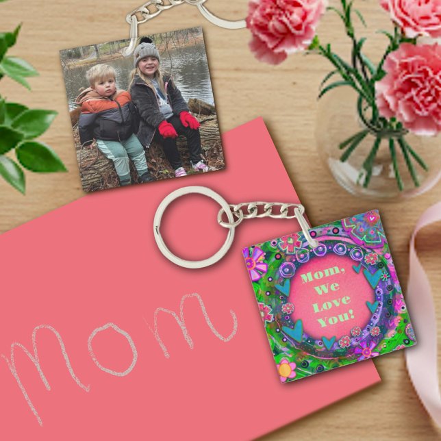 Customized Text Photo Pretty Pink Floral Mom Keychain (Creator Uploaded)