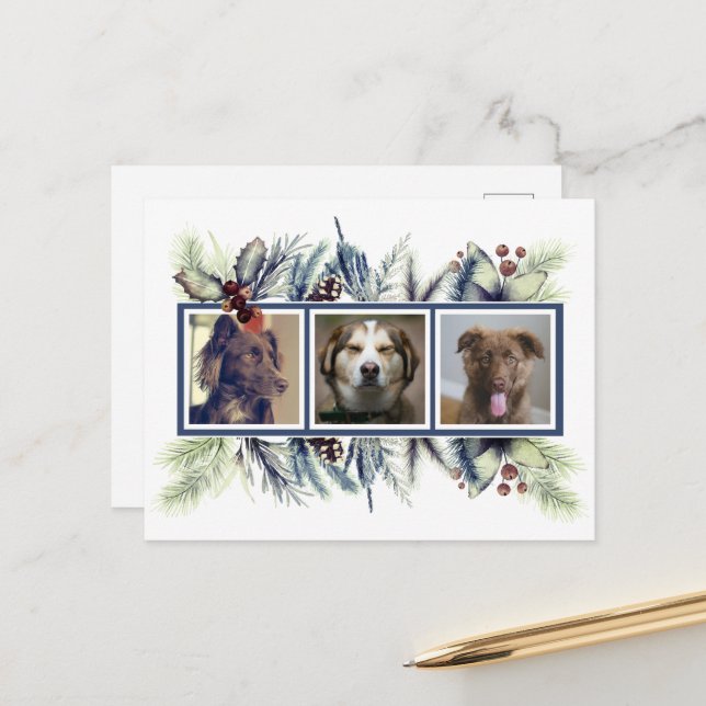 Customized Three Pet Photo Christmas Holiday Postcard (Front/Back In Situ)