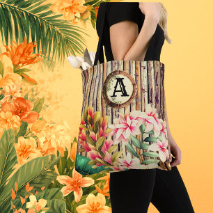 Customized Tropical Bamboo & Flowers Monogram Tote Bag
