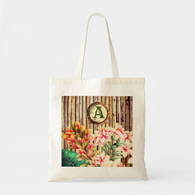 Customized Tropical Bamboo & Flowers Monogram  Tote Bag (Front)