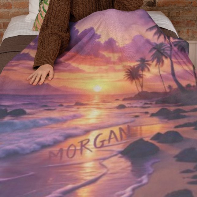 Customized Tropical Sunset Beach – Dreamy Coastal Fleece Blanket (Creator Uploaded)