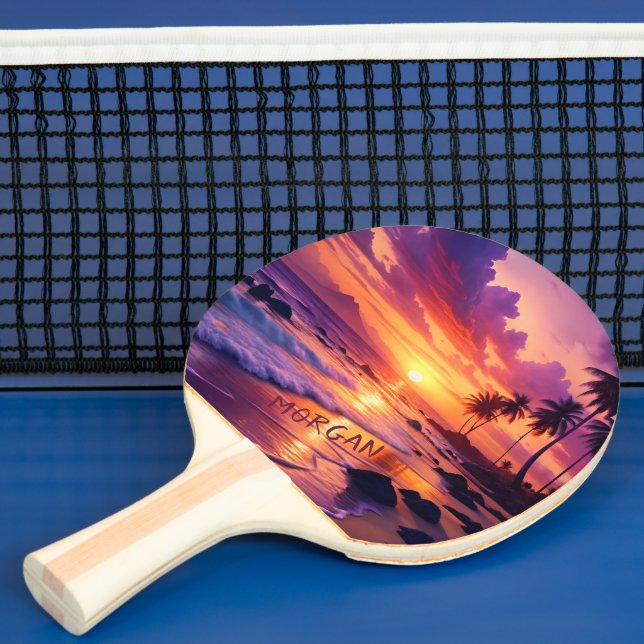 Customized Tropical Sunset Beach – Dreamy Coastal Ping Pong Paddle (Insitu)