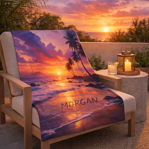 Customized Tropical Sunset Beach – Dreamy Coastal Sherpa Blanket