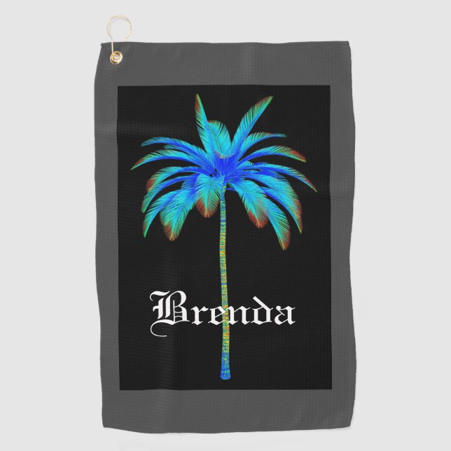 Customized Tropical Turquoise Palm Tree Golf Towel (Front)