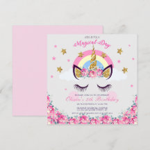 Customized Unicorn Floral 5th Birthday Invitation 