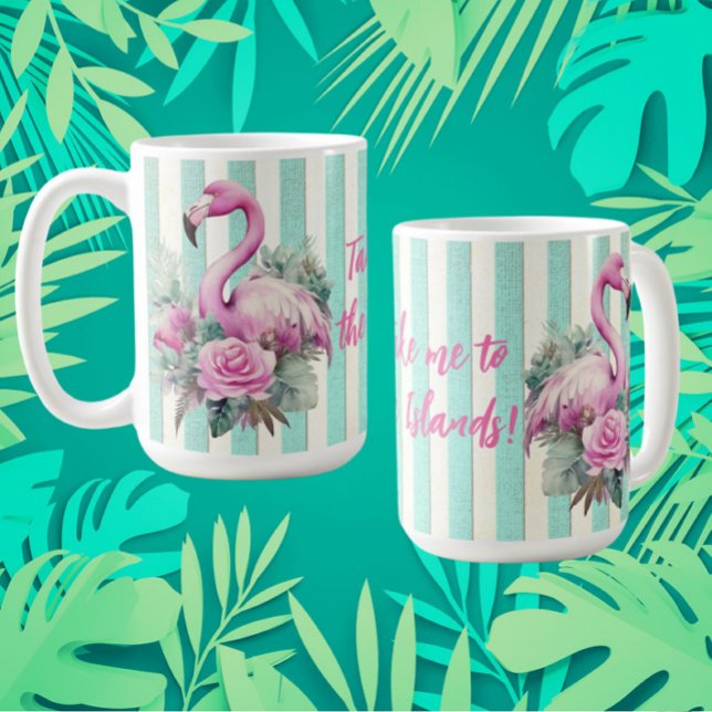 Customized Vintage Retro Tropical Pink Flamingo  Coffee Mug (Take me to the islands, or your own personalized message)