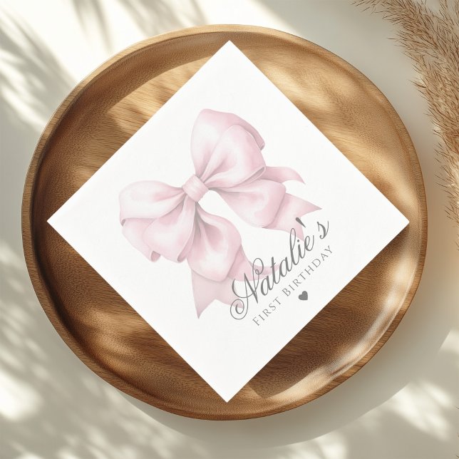 Customized Watercolor Dusty Pink Bow 1st Birthday  Napkin (Creator Uploaded)