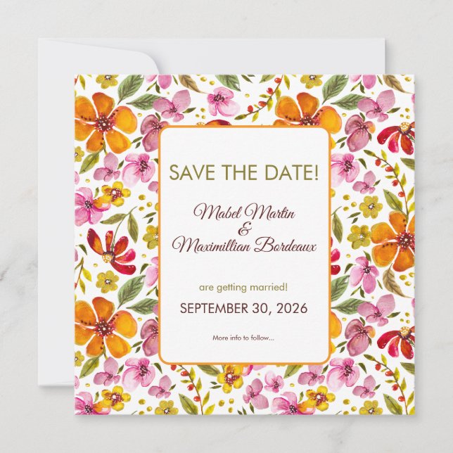 Customized Watercolor Floral Wedding Save the  Date (Front)